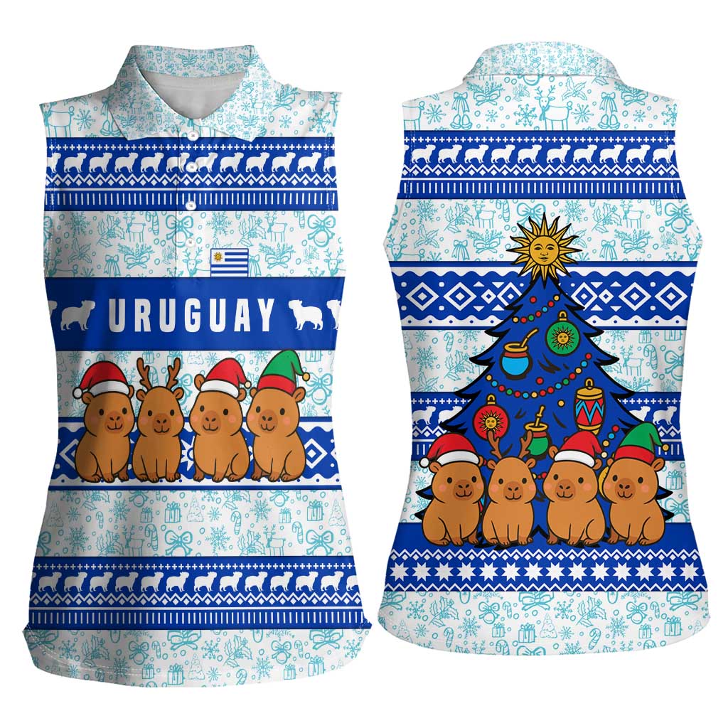 Uruguay Christmas Women Sleeveless Polo Shirt with Capybaras Holiday Tree Sun Emblem and Blue Festive Pattern - Wonder Print Shop