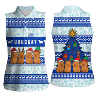 Uruguay Christmas Women Sleeveless Polo Shirt with Capybaras Holiday Tree Sun Emblem and Blue Festive Pattern - Wonder Print Shop