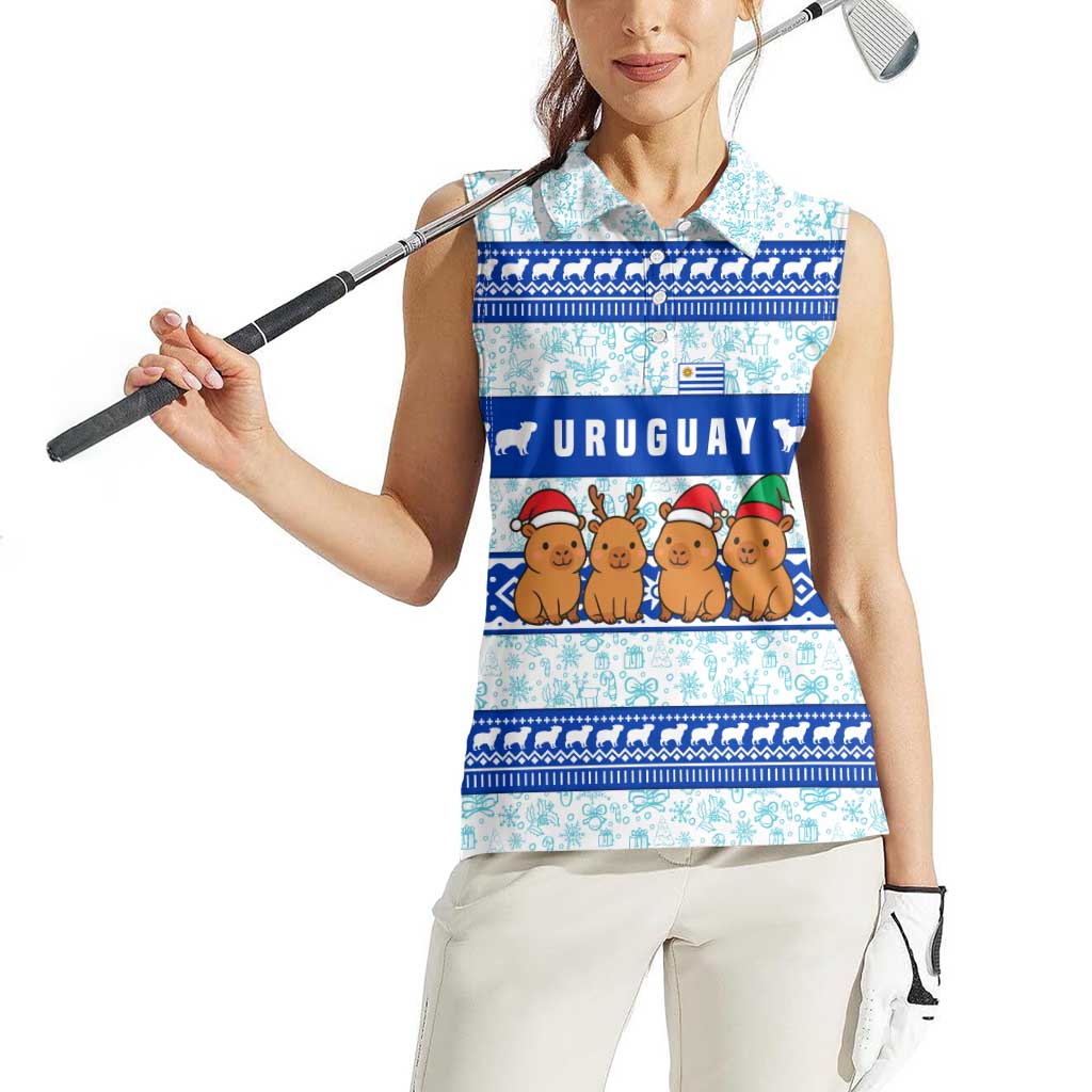 Uruguay Christmas Women Sleeveless Polo Shirt with Capybaras Holiday Tree Sun Emblem and Blue Festive Pattern - Wonder Print Shop