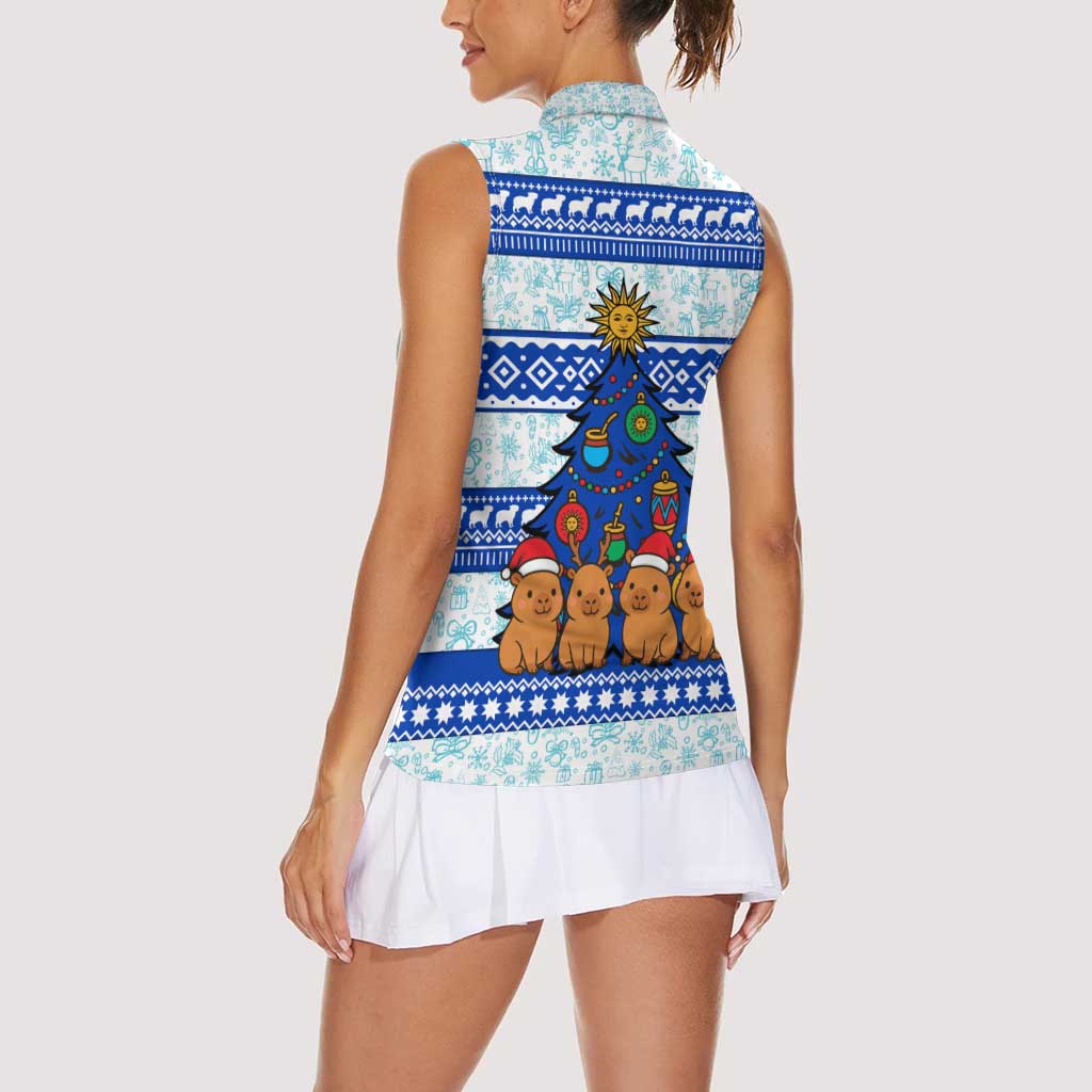 Uruguay Christmas Women Sleeveless Polo Shirt with Capybaras Holiday Tree Sun Emblem and Blue Festive Pattern - Wonder Print Shop