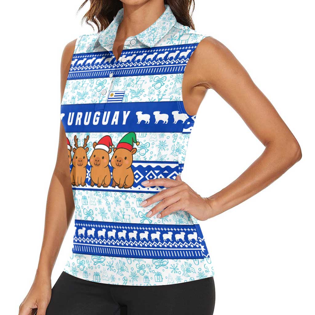Uruguay Christmas Women Sleeveless Polo Shirt with Capybaras Holiday Tree Sun Emblem and Blue Festive Pattern - Wonder Print Shop