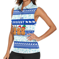 Uruguay Christmas Women Sleeveless Polo Shirt with Capybaras Holiday Tree Sun Emblem and Blue Festive Pattern - Wonder Print Shop
