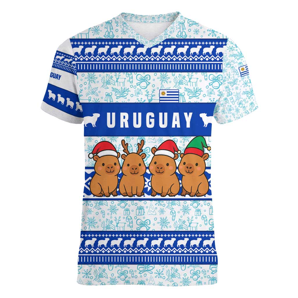 Uruguay Christmas Women V-Neck T-Shirt with Capybaras Holiday Tree Sun Emblem and Blue Festive Pattern - Wonder Print Shop
