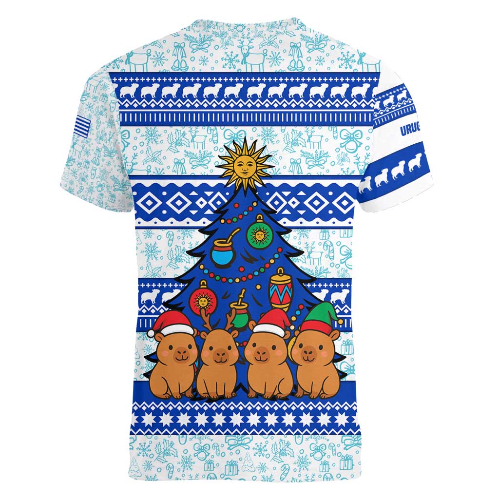 Uruguay Christmas Women V-Neck T-Shirt with Capybaras Holiday Tree Sun Emblem and Blue Festive Pattern - Wonder Print Shop