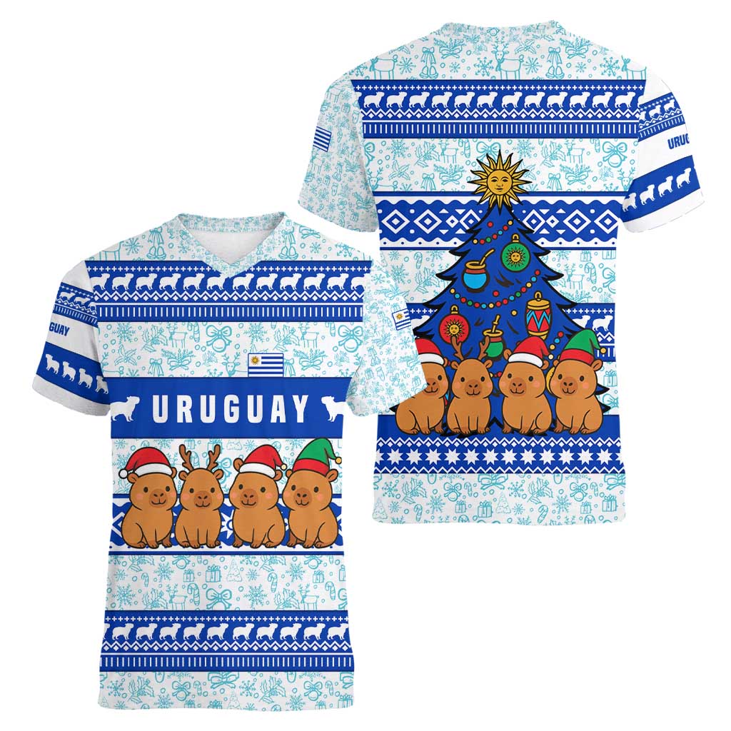 Uruguay Christmas Women V-Neck T-Shirt with Capybaras Holiday Tree Sun Emblem and Blue Festive Pattern - Wonder Print Shop