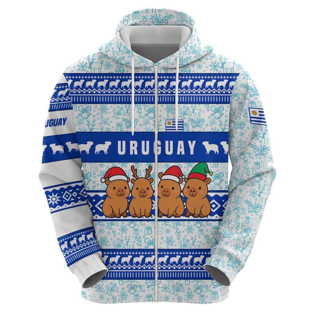 Uruguay Christmas Zip Hoodie with Capybaras Holiday Tree Sun Emblem and Blue Festive Pattern - Wonder Print Shop