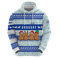 Uruguay Christmas Zip Hoodie with Capybaras Holiday Tree Sun Emblem and Blue Festive Pattern - Wonder Print Shop