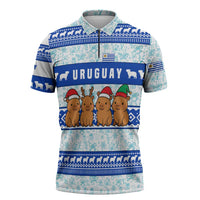 Uruguay Christmas Zipper Polo Shirt with Capybaras Holiday Tree Sun Emblem and Blue Festive Pattern - Wonder Print Shop