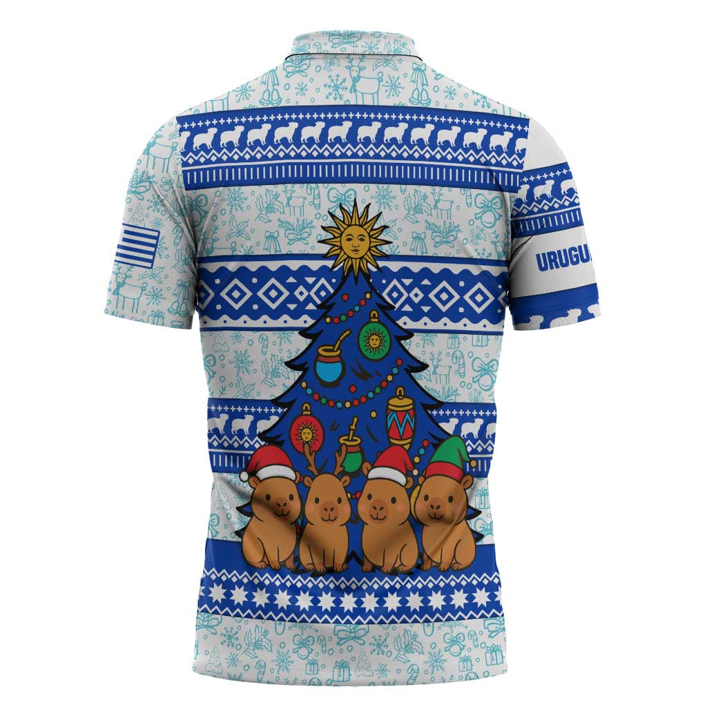 Uruguay Christmas Zipper Polo Shirt with Capybaras Holiday Tree Sun Emblem and Blue Festive Pattern - Wonder Print Shop