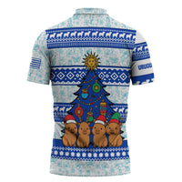 Uruguay Christmas Zipper Polo Shirt with Capybaras Holiday Tree Sun Emblem and Blue Festive Pattern - Wonder Print Shop