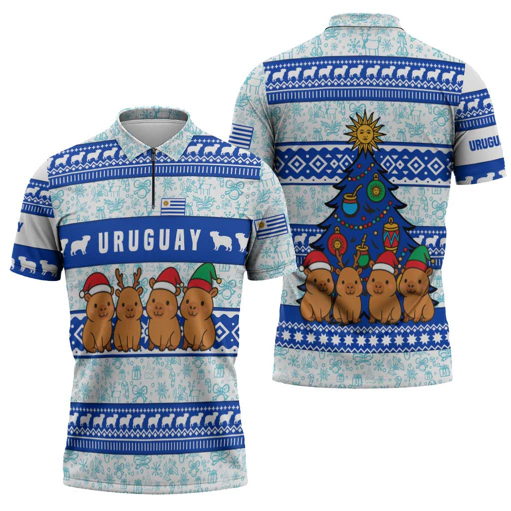 Uruguay Christmas Zipper Polo Shirt with Capybaras Holiday Tree Sun Emblem and Blue Festive Pattern - Wonder Print Shop