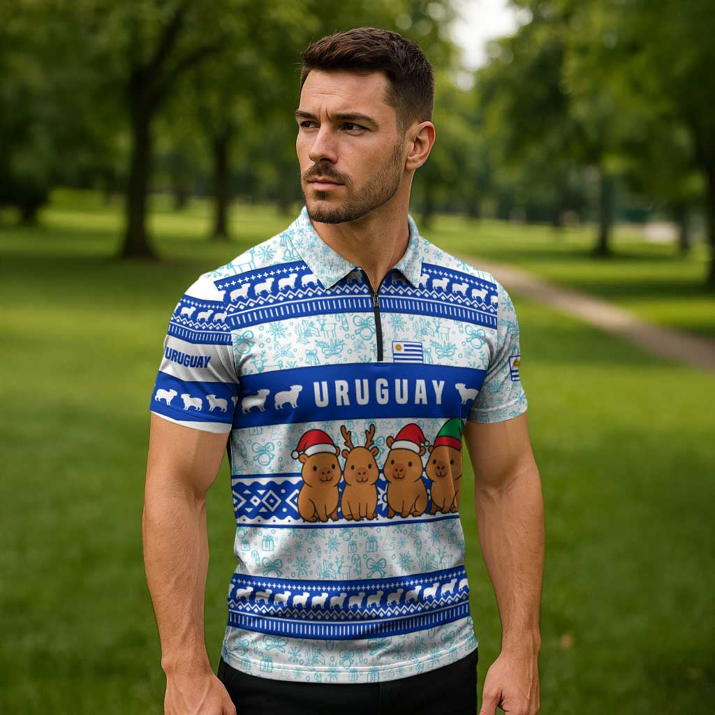 Uruguay Christmas Zipper Polo Shirt with Capybaras Holiday Tree Sun Emblem and Blue Festive Pattern - Wonder Print Shop