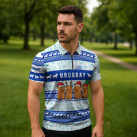 Uruguay Christmas Zipper Polo Shirt with Capybaras Holiday Tree Sun Emblem and Blue Festive Pattern - Wonder Print Shop