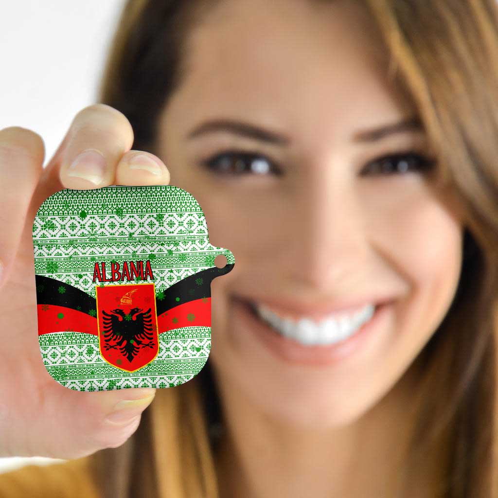 Albania Christmas AirPods Case with Green-Red Design, Double-Headed Eagle Emblem, and Santa Motif - Wonder Print Shop