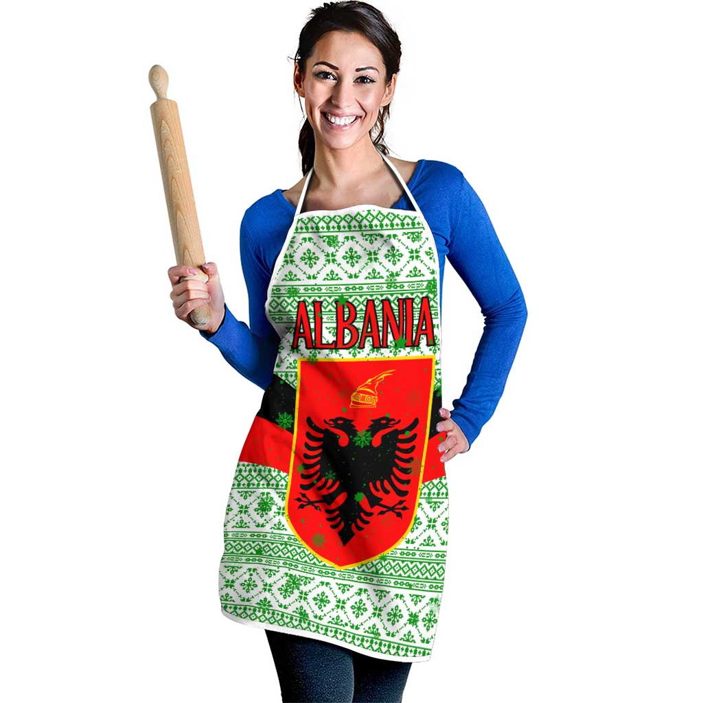 Albania Christmas Apron with Green-Red Design, Double-Headed Eagle Emblem, and Santa Motif - Wonder Print Shop