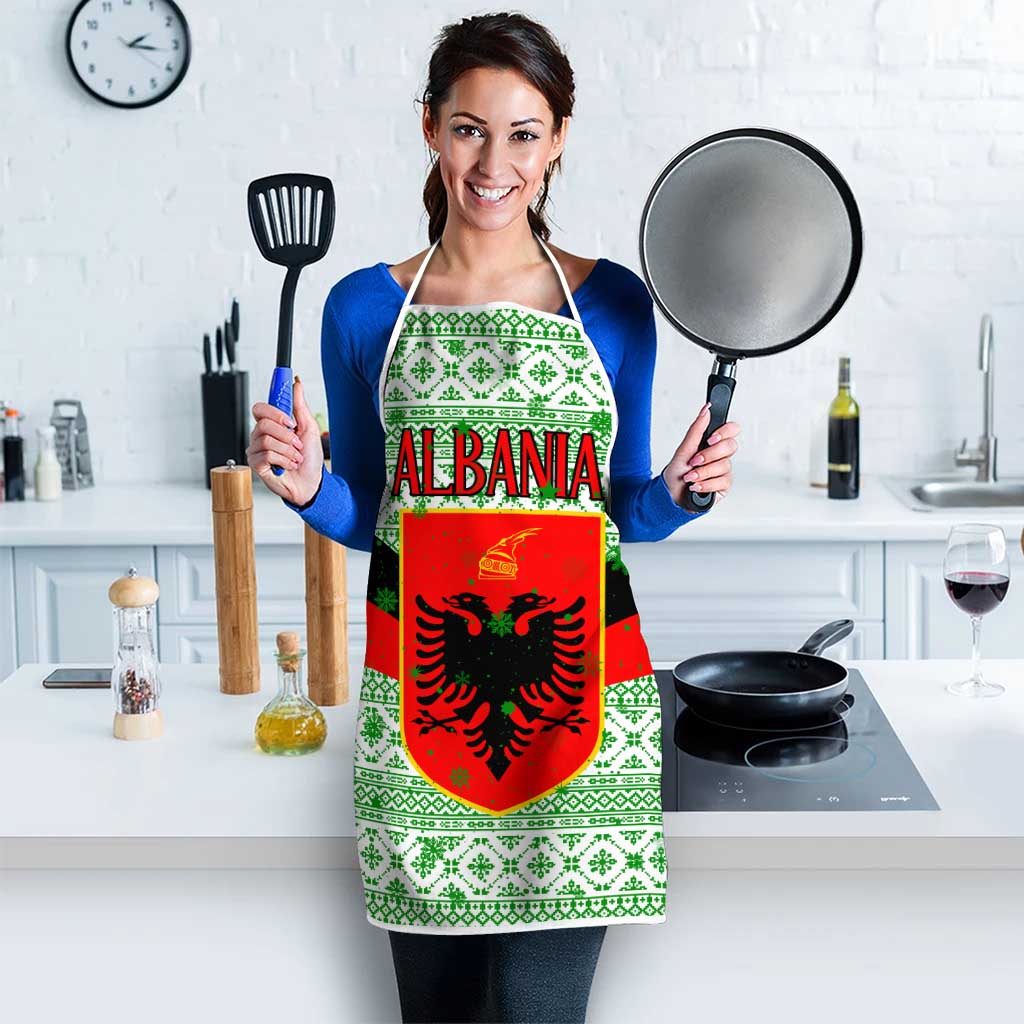 Albania Christmas Apron with Green-Red Design, Double-Headed Eagle Emblem, and Santa Motif - Wonder Print Shop