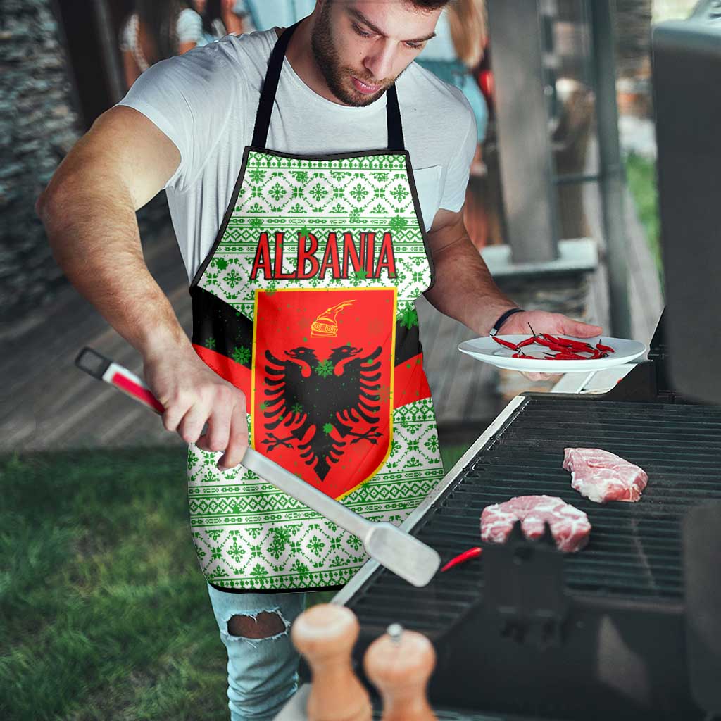 Albania Christmas Apron with Green-Red Design, Double-Headed Eagle Emblem, and Santa Motif - Wonder Print Shop