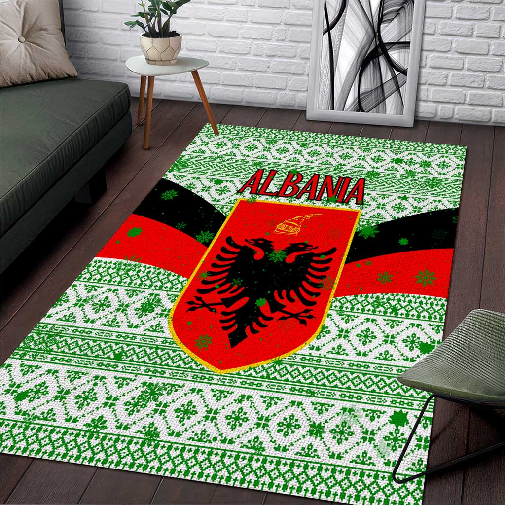 Albania Christmas Area Rug with Green-Red Design, Double-Headed Eagle Emblem, and Santa Motif - Wonder Print Shop