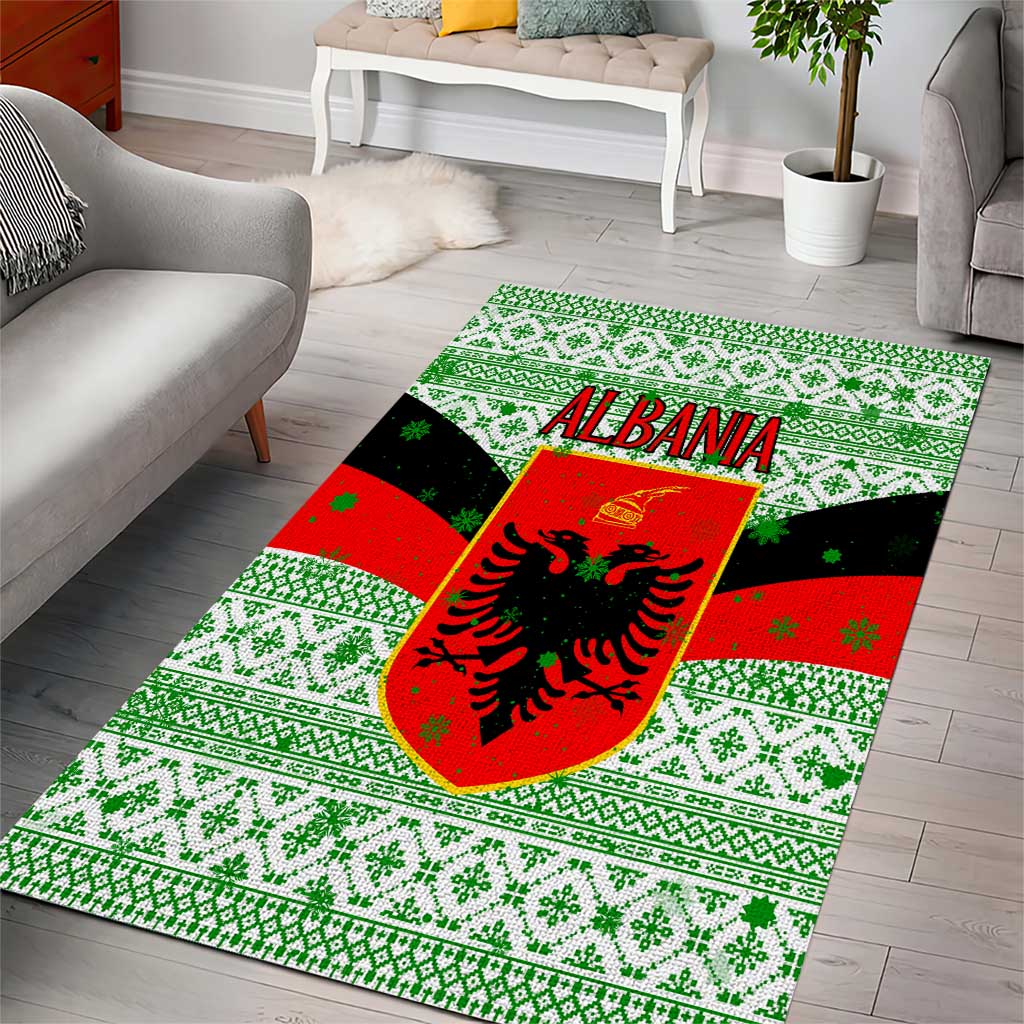 Albania Christmas Area Rug with Green-Red Design, Double-Headed Eagle Emblem, and Santa Motif - Wonder Print Shop