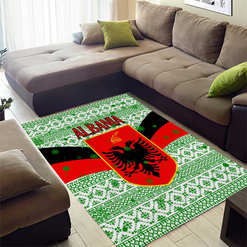 Albania Christmas Area Rug with Green-Red Design, Double-Headed Eagle Emblem, and Santa Motif - Wonder Print Shop