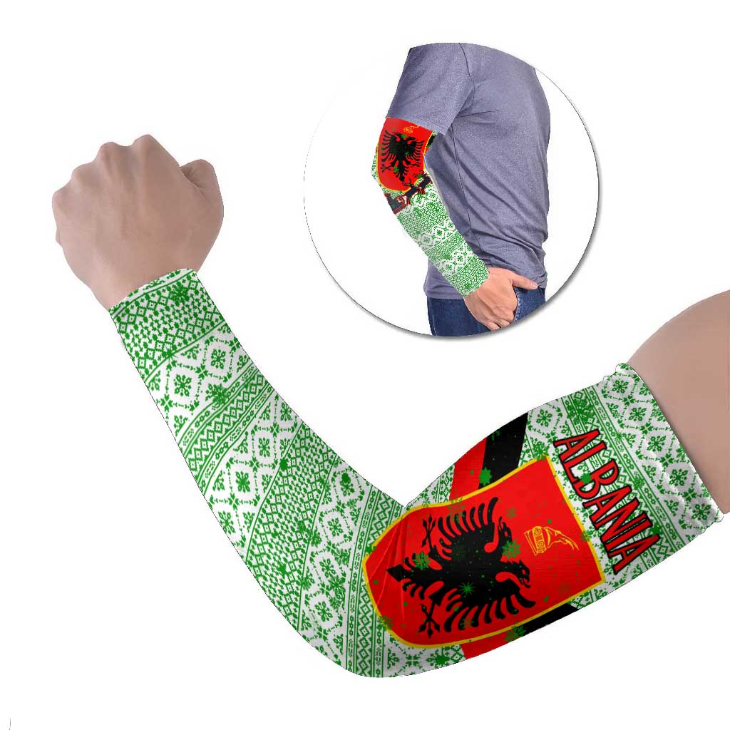 Albania Christmas Arm Sleeves with Green-Red Design, Double-Headed Eagle Emblem, and Santa Motif - Wonder Print Shop