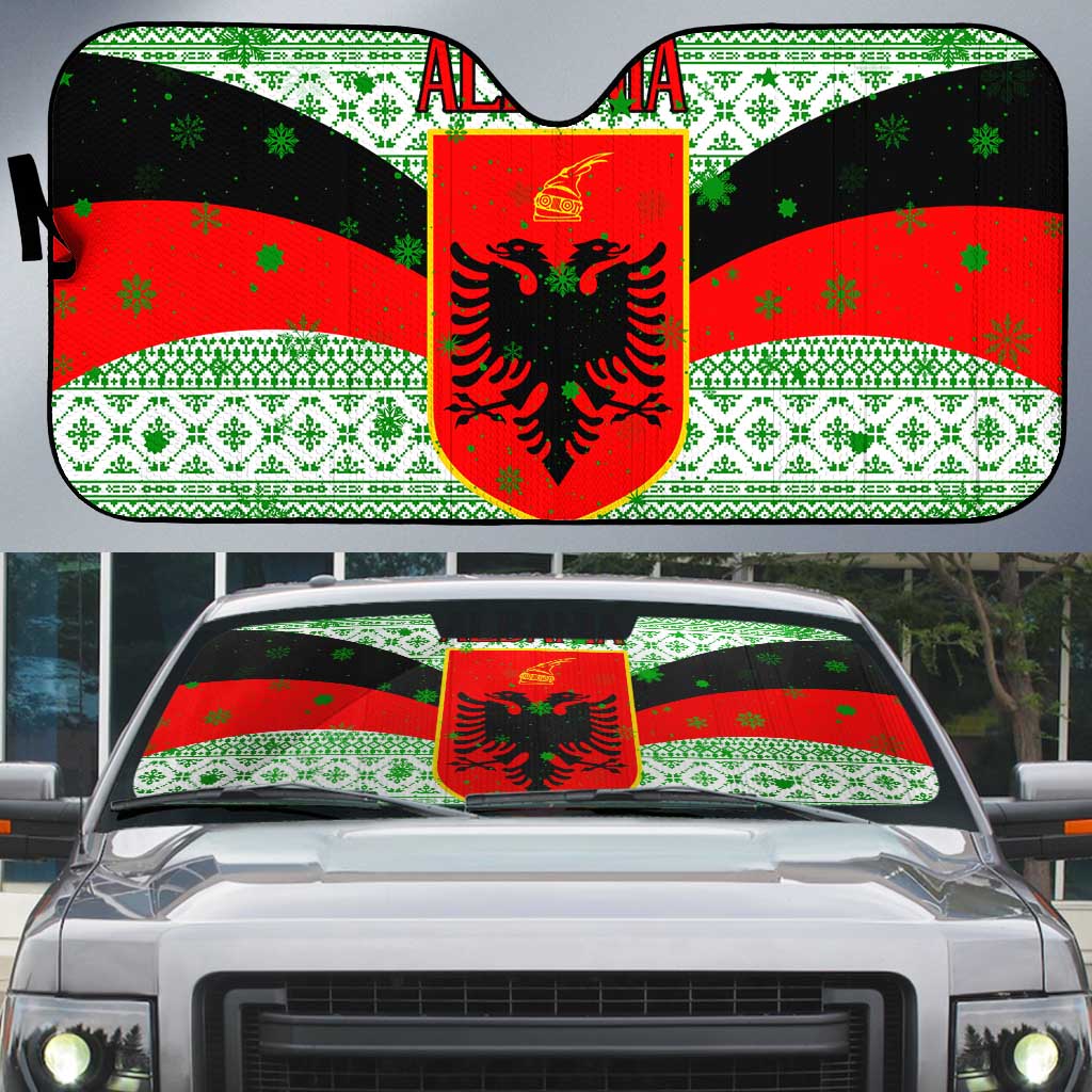 Albania Christmas Auto Sun Shade with Green-Red Design, Double-Headed Eagle Emblem, and Santa Motif - Wonder Print Shop