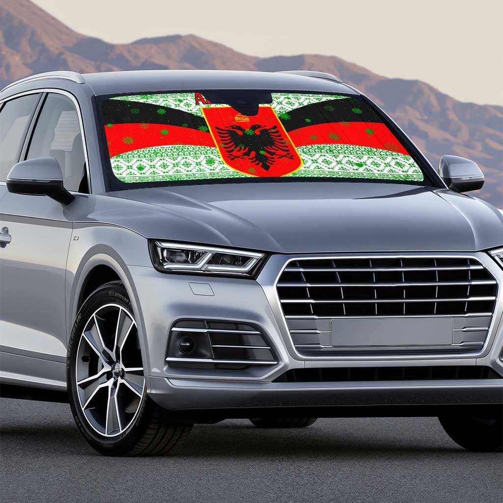 Albania Christmas Auto Sun Shade with Green-Red Design, Double-Headed Eagle Emblem, and Santa Motif - Wonder Print Shop