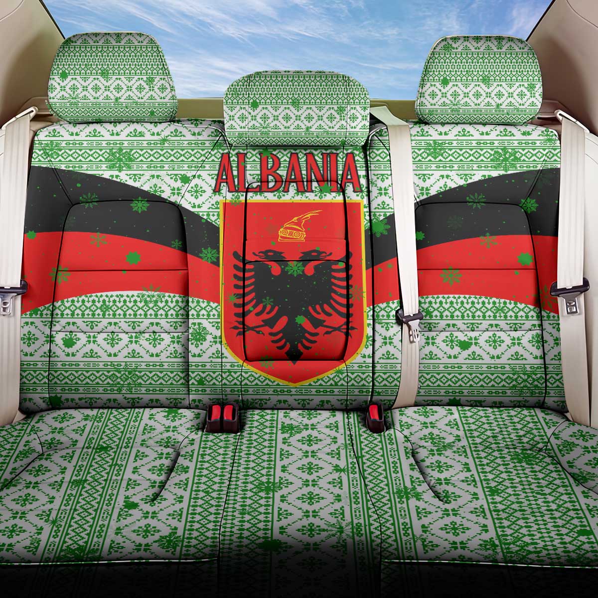 Albania Christmas Back Car Seat Cover with Green-Red Design, Double-Headed Eagle Emblem, and Santa Motif - Wonder Print Shop