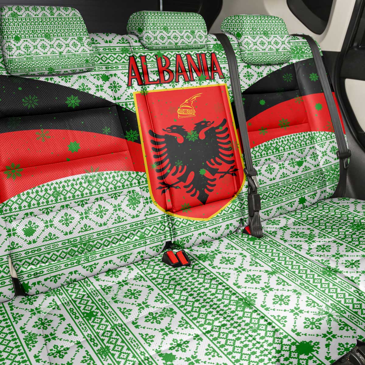 Albania Christmas Back Car Seat Cover with Green-Red Design, Double-Headed Eagle Emblem, and Santa Motif - Wonder Print Shop