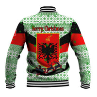 Albania Christmas Baseball Jacket with Green-Red Design, Double-Headed Eagle Emblem, and Santa Motif - Wonder Print Shop
