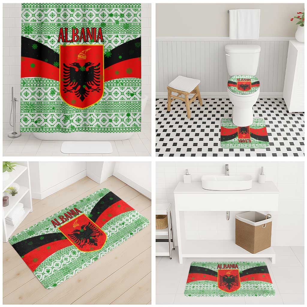Albania Christmas Bathroom Set with Green-Red Design, Double-Headed Eagle Emblem, and Santa Motif - Wonder Print Shop