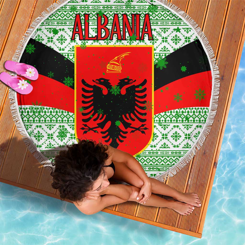Albania Christmas Beach Blanket with Green-Red Design, Double-Headed Eagle Emblem, and Santa Motif - Wonder Print Shop