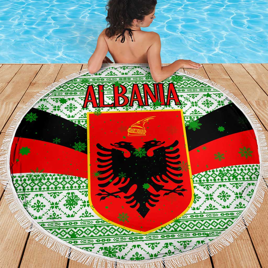 Albania Christmas Beach Blanket with Green-Red Design, Double-Headed Eagle Emblem, and Santa Motif - Wonder Print Shop