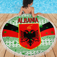 Albania Christmas Beach Blanket with Green-Red Design, Double-Headed Eagle Emblem, and Santa Motif - Wonder Print Shop