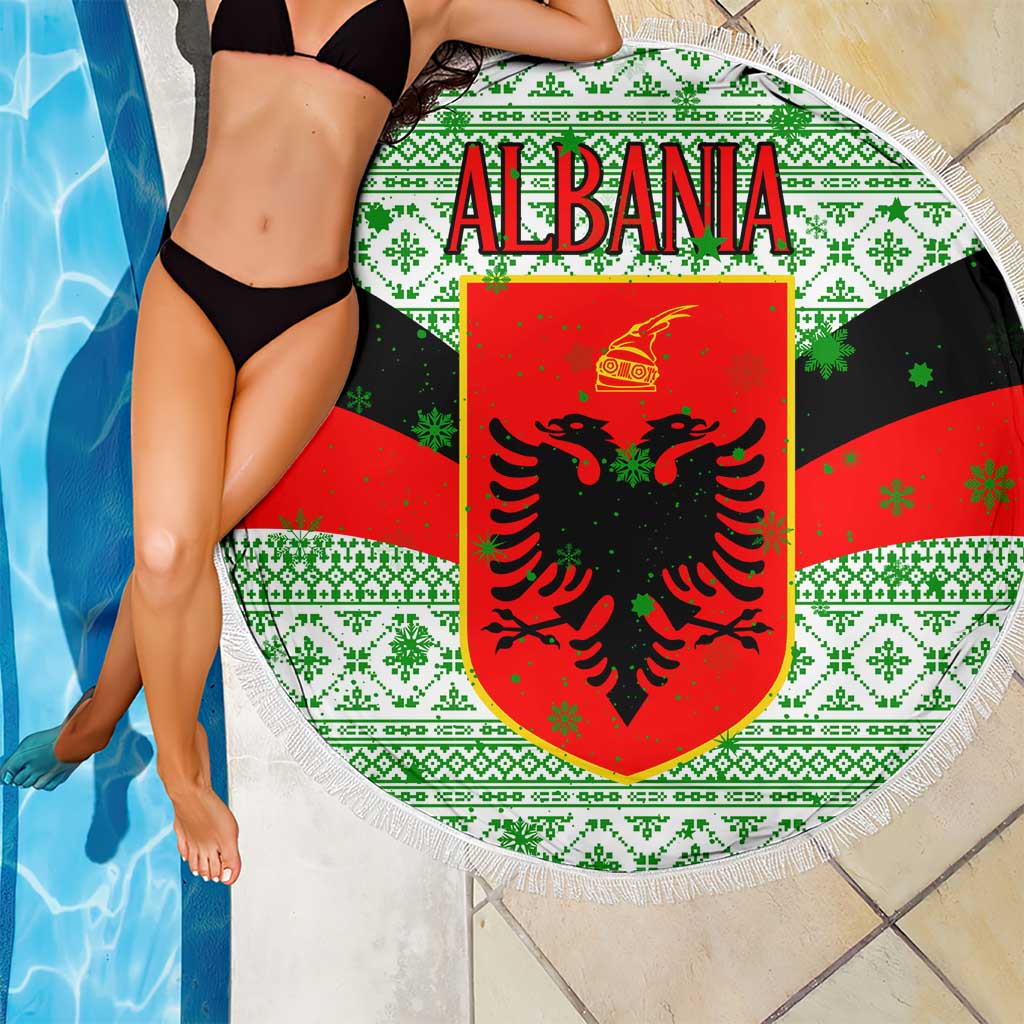 Albania Christmas Beach Blanket with Green-Red Design, Double-Headed Eagle Emblem, and Santa Motif - Wonder Print Shop