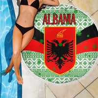 Albania Christmas Beach Blanket with Green-Red Design, Double-Headed Eagle Emblem, and Santa Motif - Wonder Print Shop