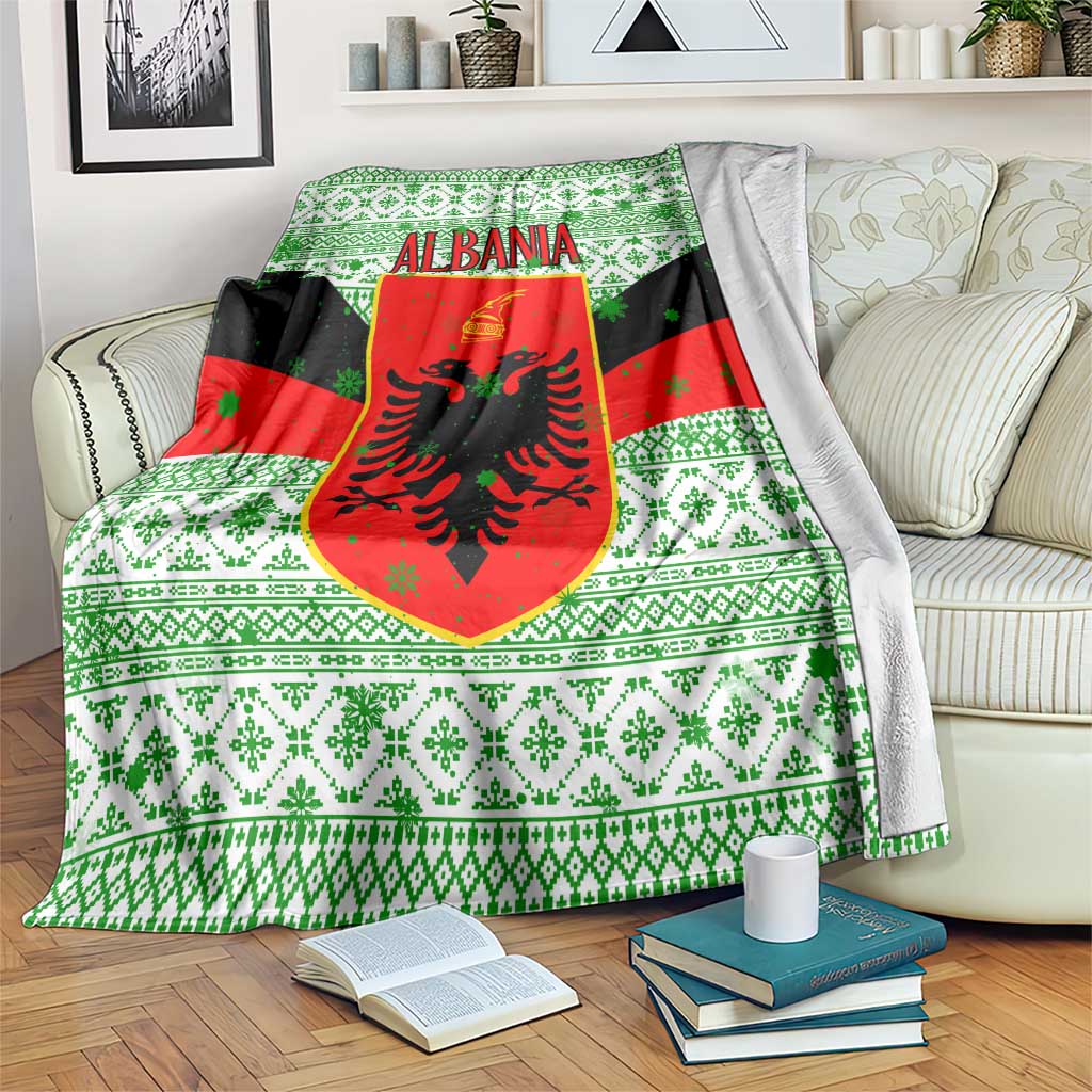 Albania Christmas Blanket with Green-Red Design, Double-Headed Eagle Emblem, and Santa Motif - Wonder Print Shop
