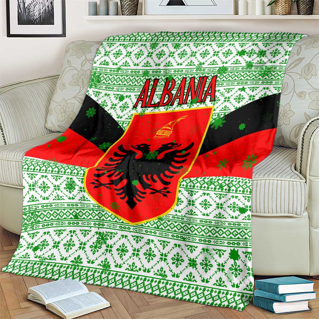 Albania Christmas Blanket with Green-Red Design, Double-Headed Eagle Emblem, and Santa Motif - Wonder Print Shop