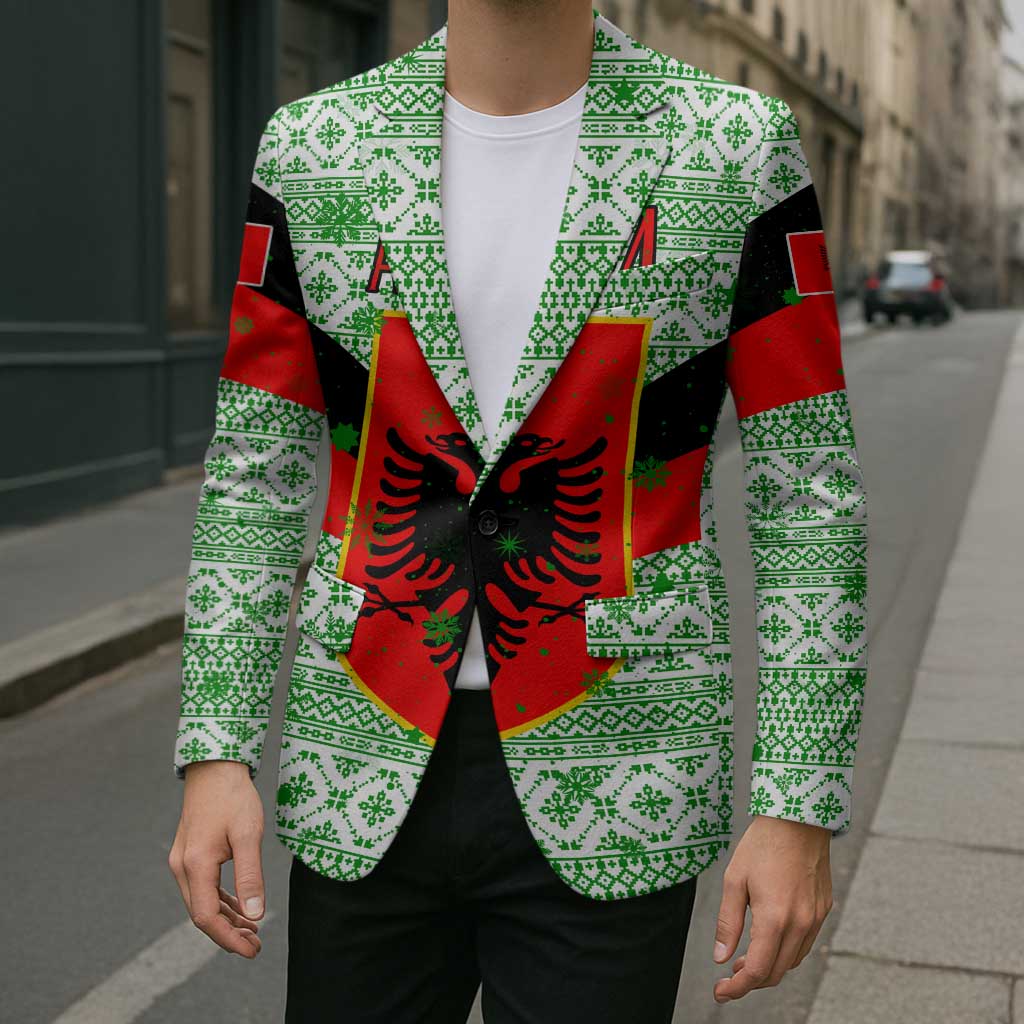 Albania Christmas Blazer with Green-Red Design, Double-Headed Eagle Emblem, and Santa Motif - Wonder Print Shop