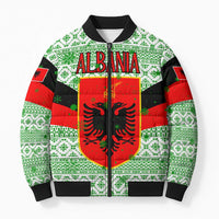 Albania Christmas Bomber Puffer Jacket with Green-Red Design, Double-Headed Eagle Emblem, and Santa Motif - Wonder Print Shop