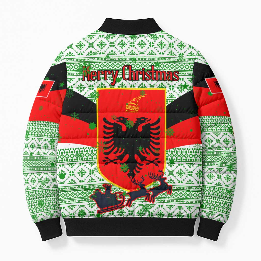 Albania Christmas Bomber Puffer Jacket with Green-Red Design, Double-Headed Eagle Emblem, and Santa Motif - Wonder Print Shop