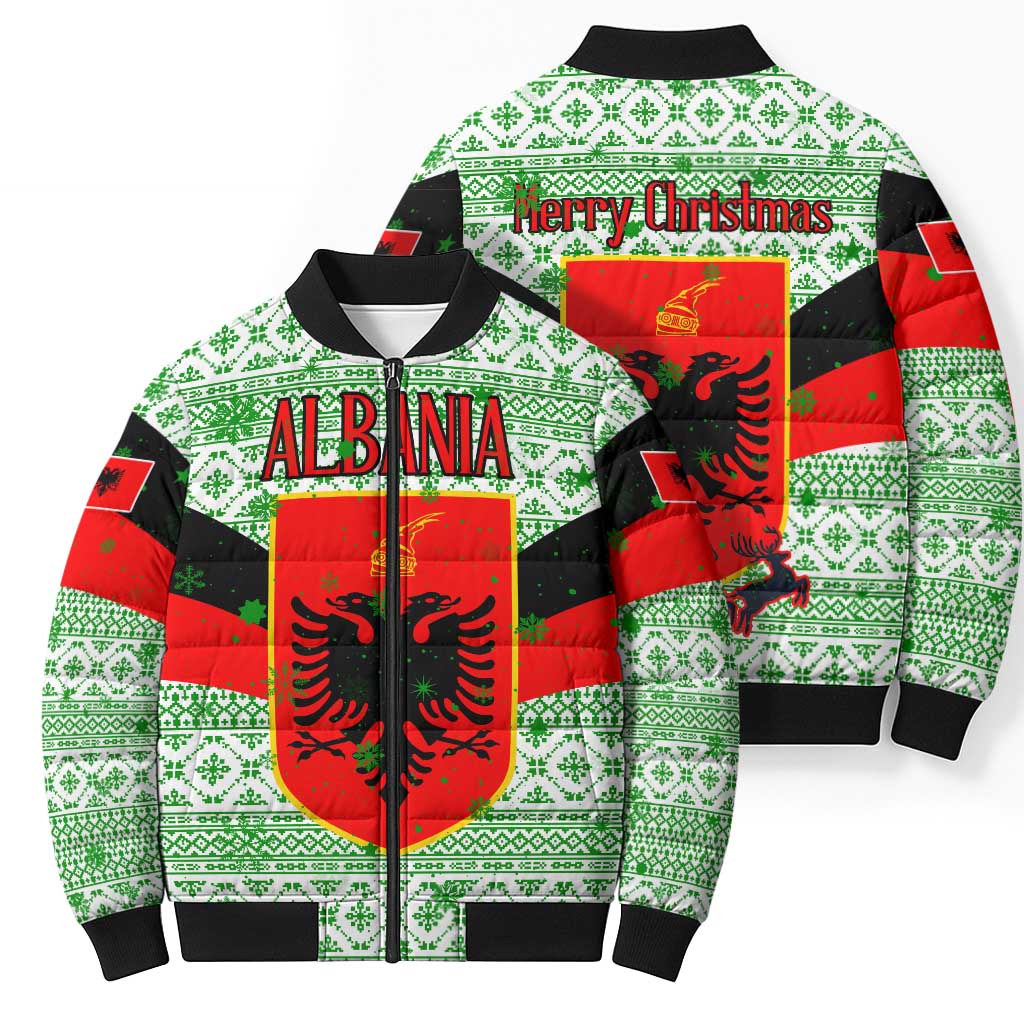 Albania Christmas Bomber Puffer Jacket with Green-Red Design, Double-Headed Eagle Emblem, and Santa Motif - Wonder Print Shop