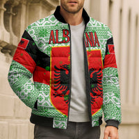 Albania Christmas Bomber Puffer Jacket with Green-Red Design, Double-Headed Eagle Emblem, and Santa Motif - Wonder Print Shop