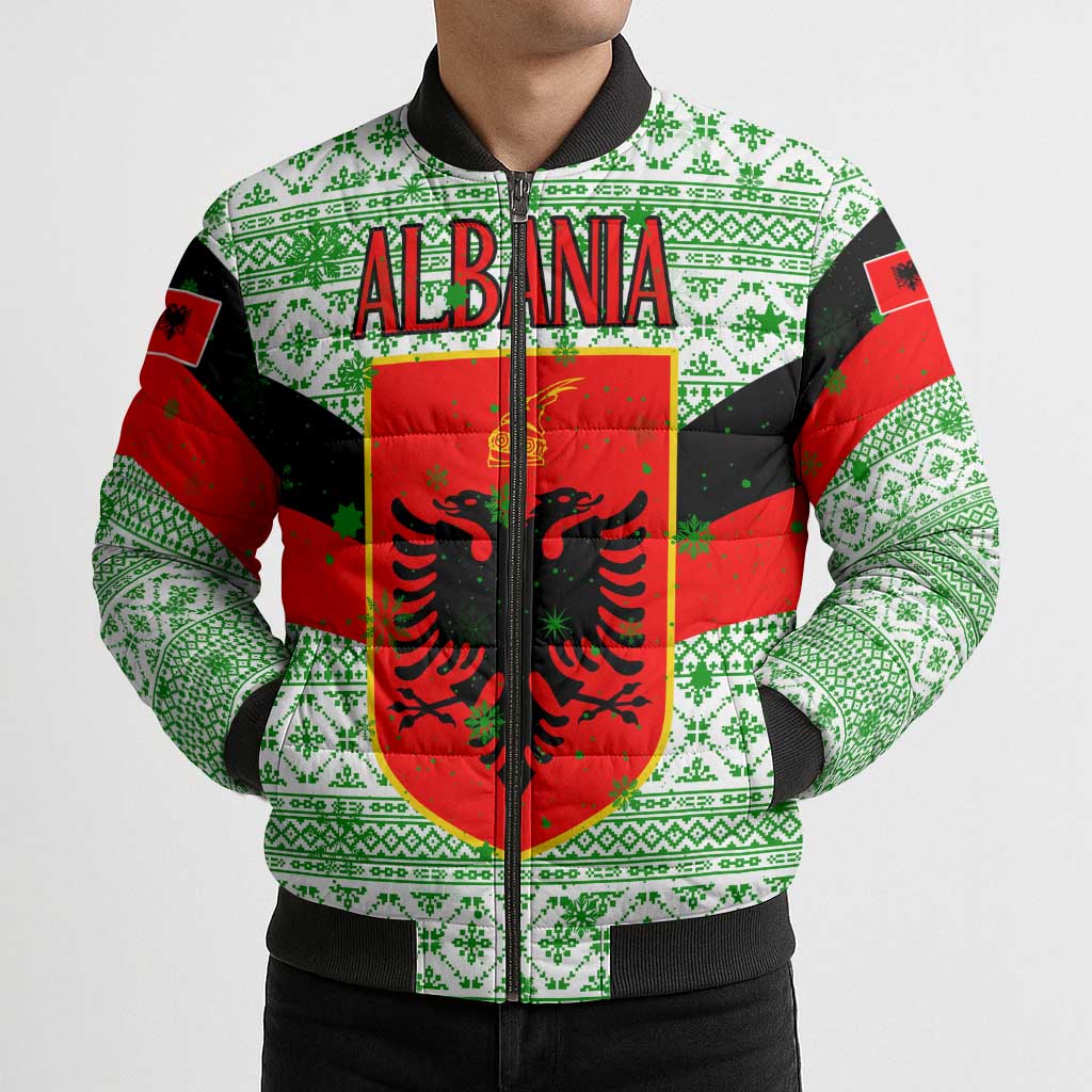 Albania Christmas Bomber Puffer Jacket with Green-Red Design, Double-Headed Eagle Emblem, and Santa Motif - Wonder Print Shop