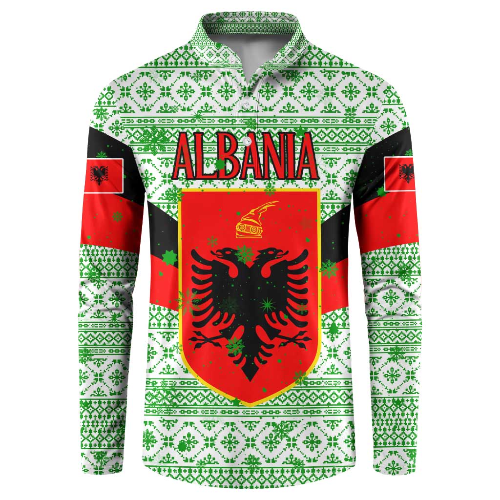 Albania Christmas Button Sweatshirt with Green-Red Design, Double-Headed Eagle Emblem, and Santa Motif - Wonder Print Shop