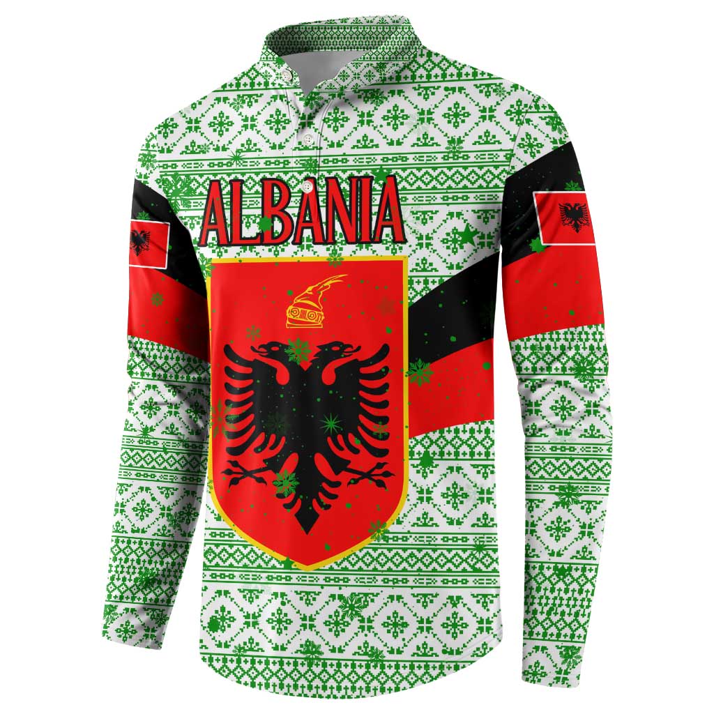 Albania Christmas Button Sweatshirt with Green-Red Design, Double-Headed Eagle Emblem, and Santa Motif - Wonder Print Shop