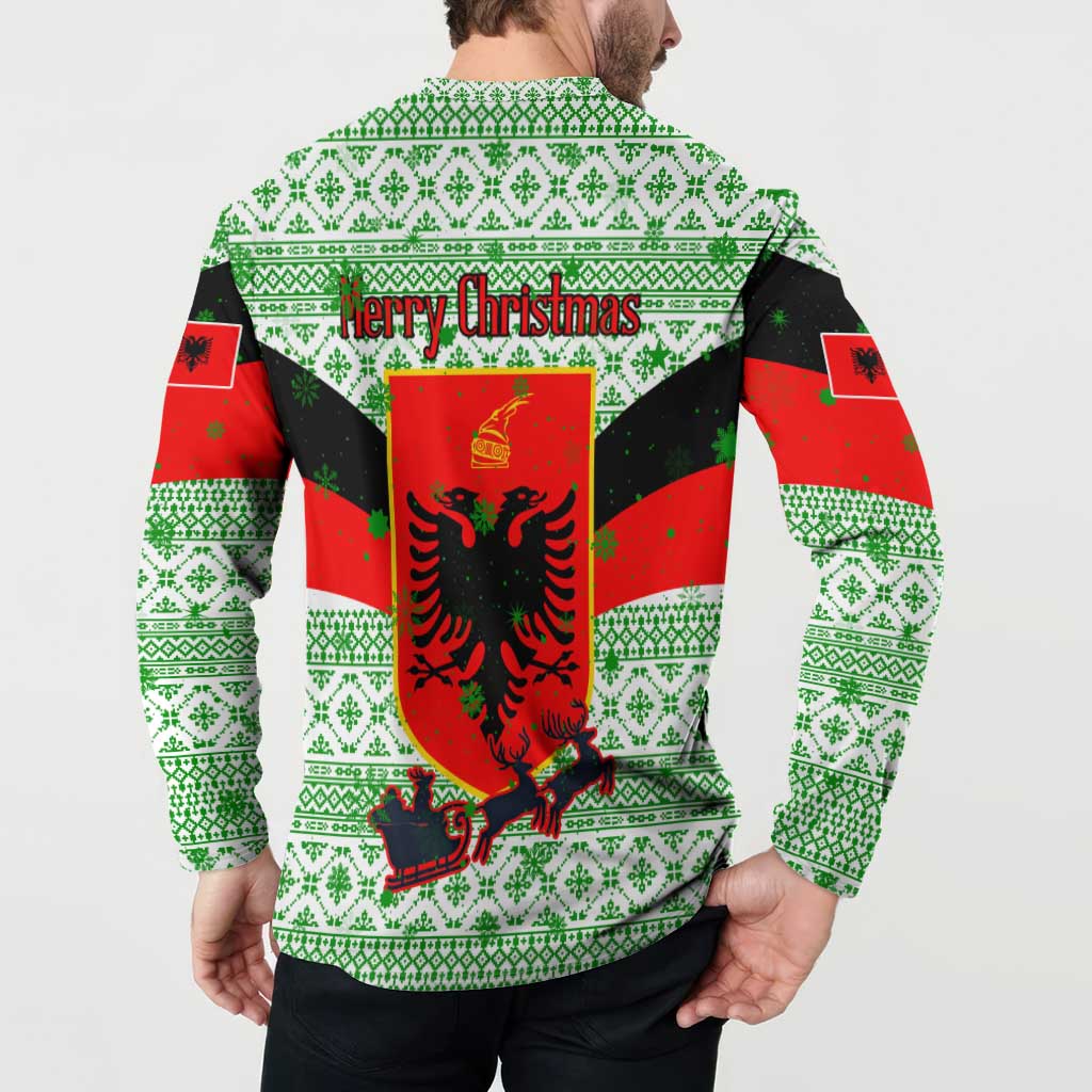 Albania Christmas Button Sweatshirt with Green-Red Design, Double-Headed Eagle Emblem, and Santa Motif - Wonder Print Shop