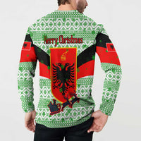 Albania Christmas Button Sweatshirt with Green-Red Design, Double-Headed Eagle Emblem, and Santa Motif - Wonder Print Shop