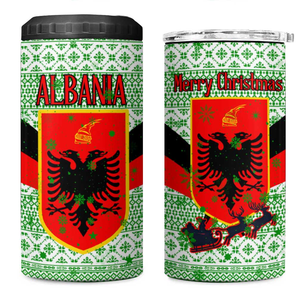 Albania Christmas 4 in 1 Can Cooler Tumbler with Green-Red Design, Double-Headed Eagle Emblem, and Santa Motif - Wonder Print Shop