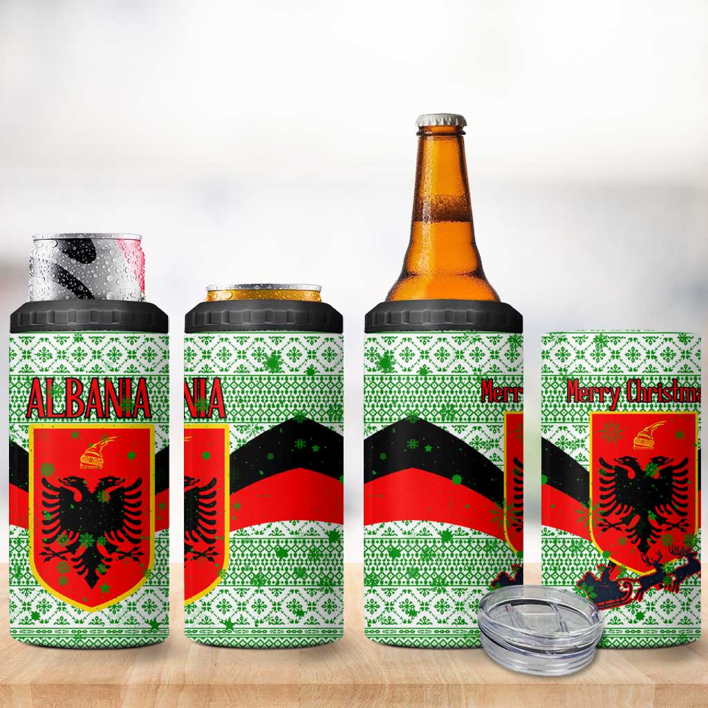 Albania Christmas 4 in 1 Can Cooler Tumbler with Green-Red Design, Double-Headed Eagle Emblem, and Santa Motif - Wonder Print Shop